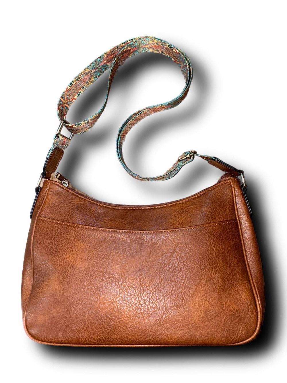 Brown Faux Leather Shoulder Bag with Boho Patterned Guitar Style Strap